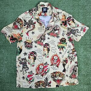 Ed Hardy Mens Size Small Y2K All Over Graphic Tattoo Art Beige Button Down Shirt